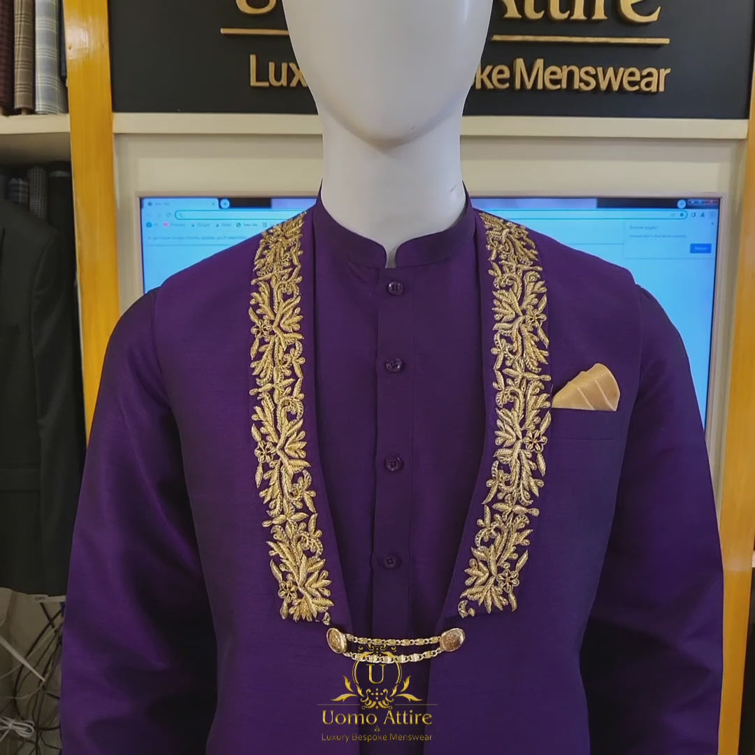 Plum color waistcoat with same kurta pajama and same fabric khussa video