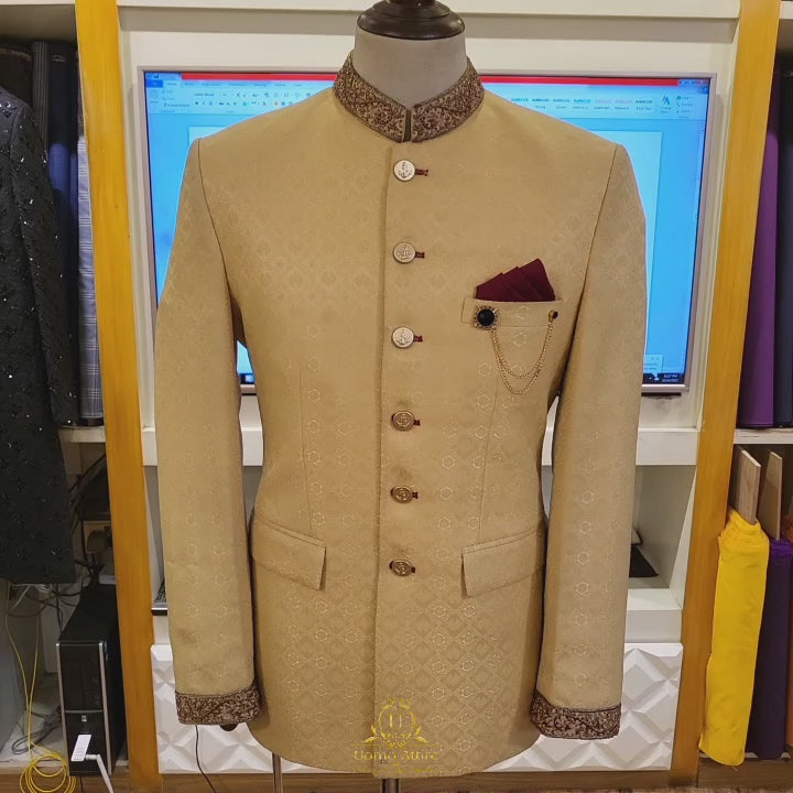 
                  
                    Load and play video in Gallery viewer, Golden Jamawar Prince Suit | Golden Jamawar Prince Coat | Prince Coat
                  
                