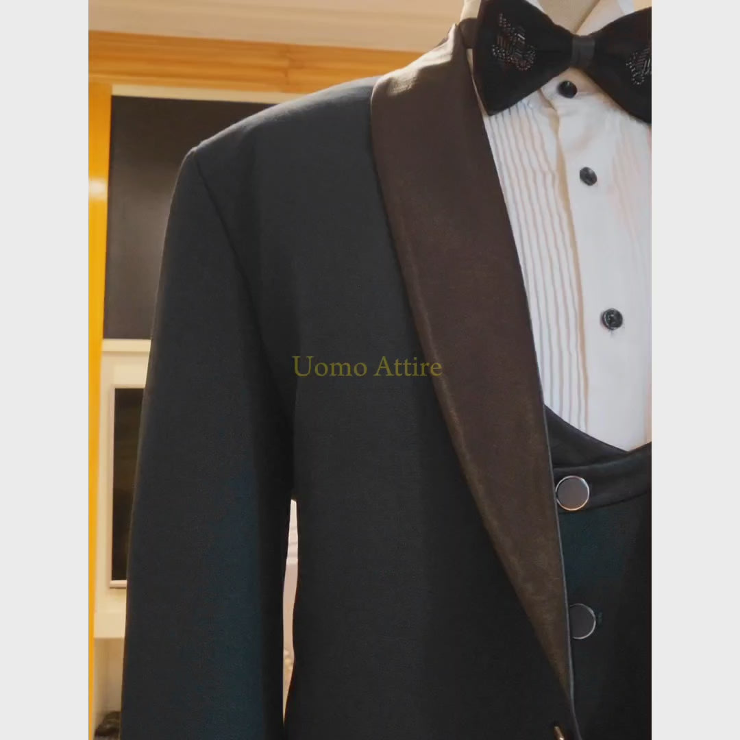 
                  
                    Load and play video in Gallery viewer, Bespoke Timber Green Slim Fit Tuxedo Suit for Men
                  
                