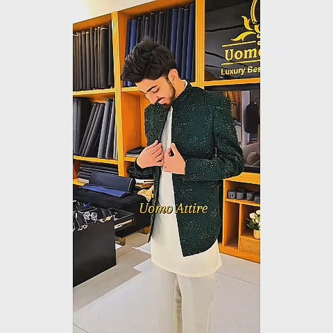 Men's Luxury Emerald Green Embroidered Prince Coat with White Kurta