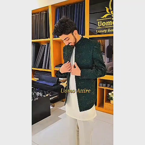 Men's Luxury Emerald Green Embroidered Prince Coat with White Kurta