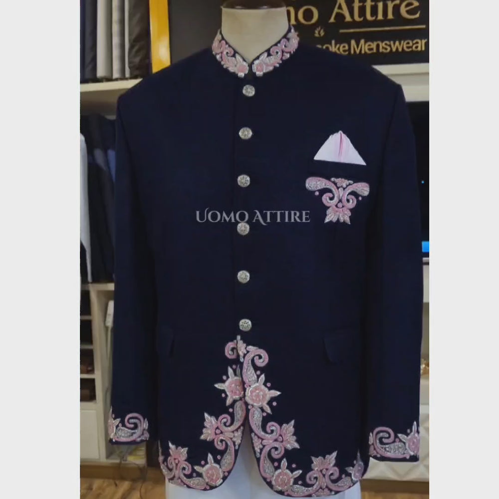 
                  
                    Carica e riproduci video nel visualizzatore Galleria, Blue Wedding Prince Coat For Men With Tea Pink Handwork in USA
                  
                