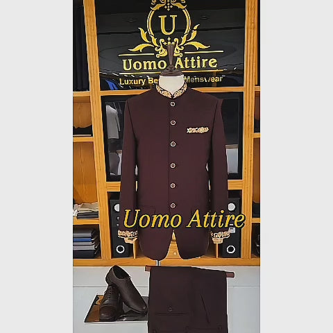 Luxurious Maroon Prince Two-Piece Suit for Men with Golden Embellishments
