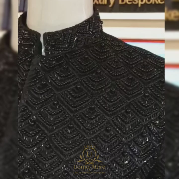 
                  
                    Carica e riproduci video nel visualizzatore Galleria, Limited edition fully embellished jet black prince coat, fully embellished black prince coat for groom
                  
                