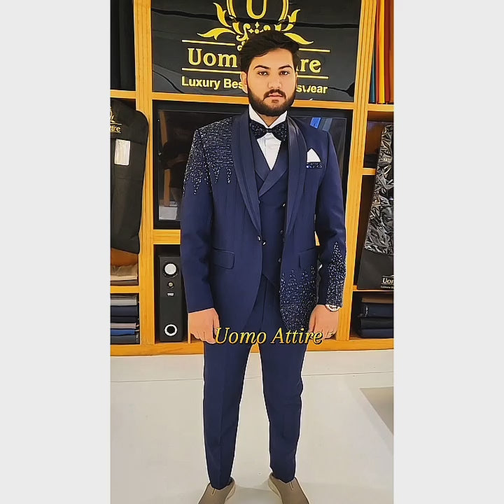 
                  
                    Load and play video in Gallery viewer, Men&amp;#39;s Luxury Navy Blue Embroidered 3-Piece Tuxedo Suit
                  
                