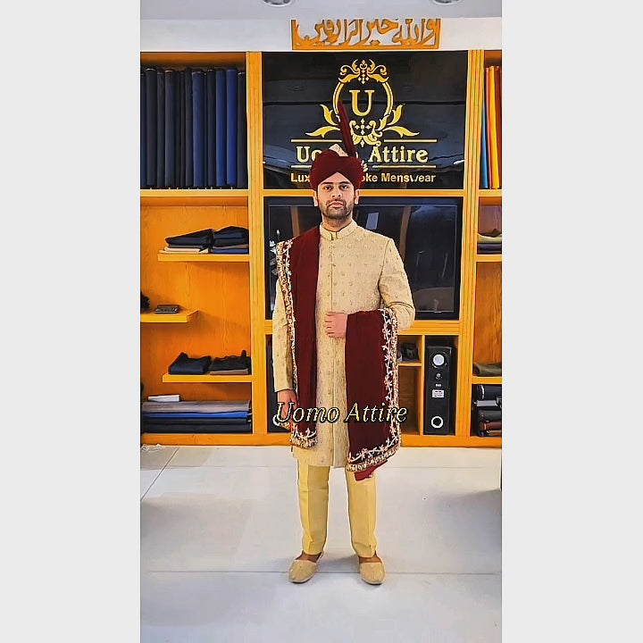 
                  
                    Charger et lire la vidéo dans la visionneuse de la Galerie, Men&amp;#39;s Luxury Cream Embroidered Sherwani for Groom
                  
                