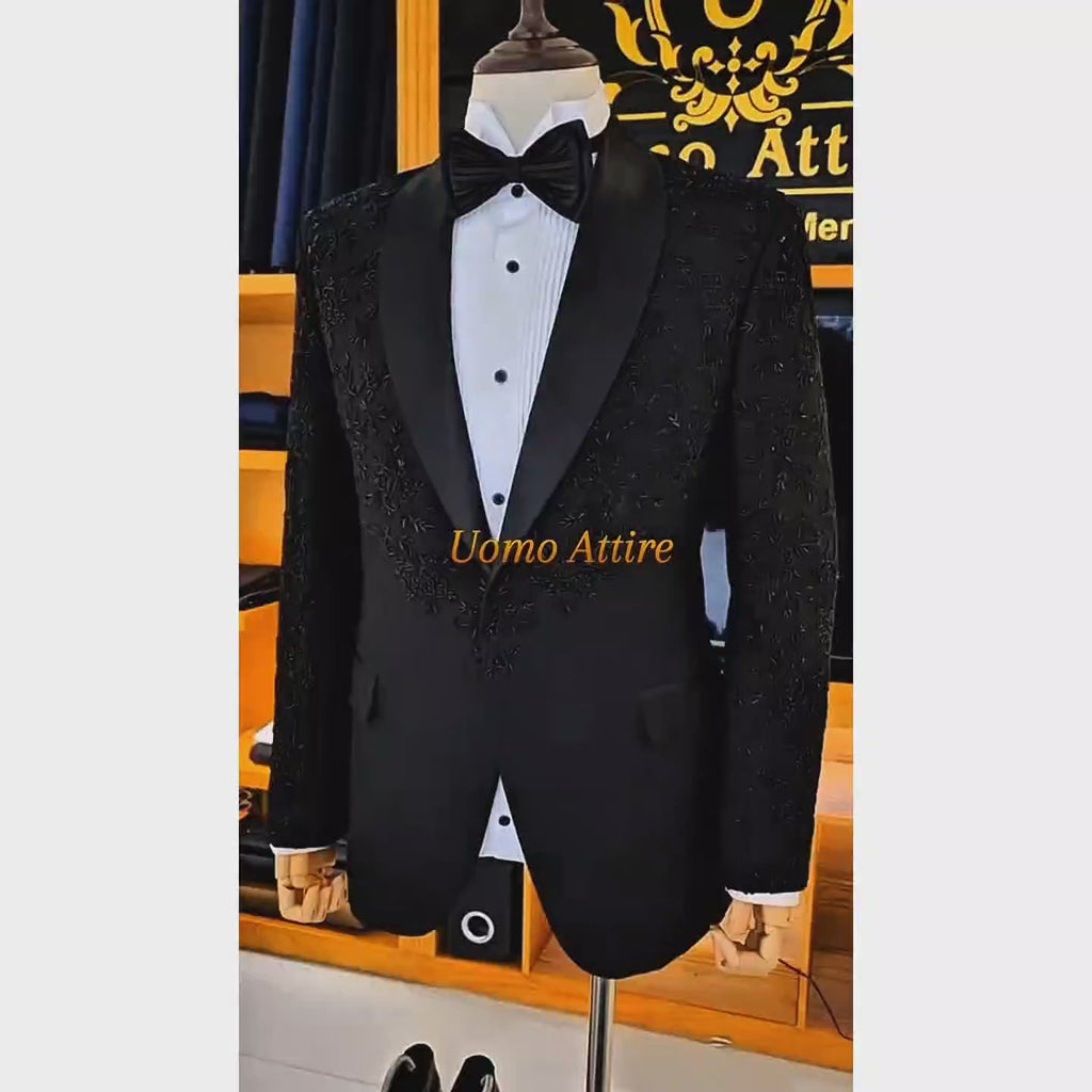 Men's Luxury Black Floral Embroidered 3-Piece Tuxedo with Shawl Lapel