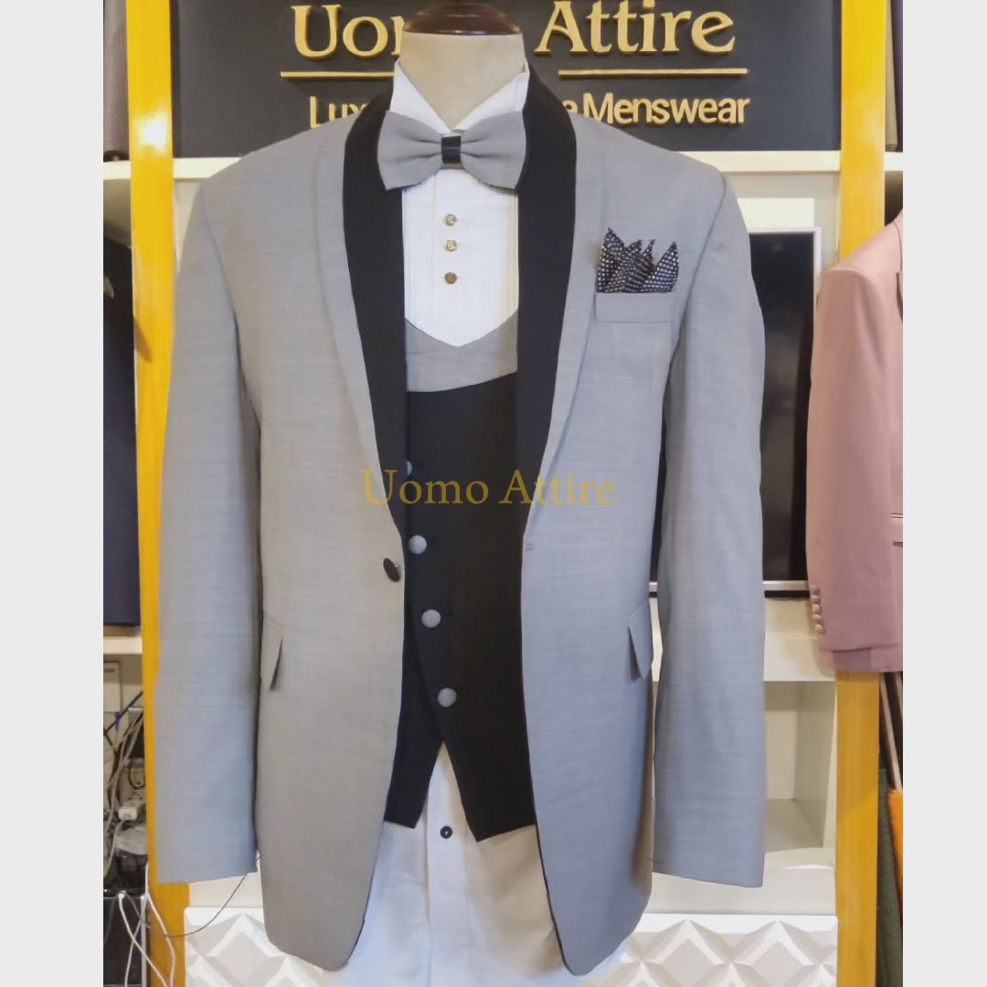 Black and Grey Contrast Shawl Lapel Tuxedo Suit