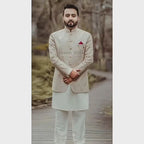 Luxurious Beige Embroidered Prince Coat for Grooms with White Kurta & Pajama