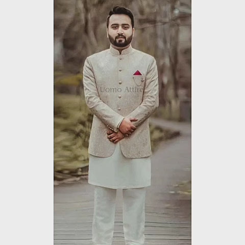 
                  
                    Carica e riproduci video nel visualizzatore Galleria, Luxurious Beige Embroidered Prince Coat for Grooms with White Kurta &amp;amp; Pajama
                  
                