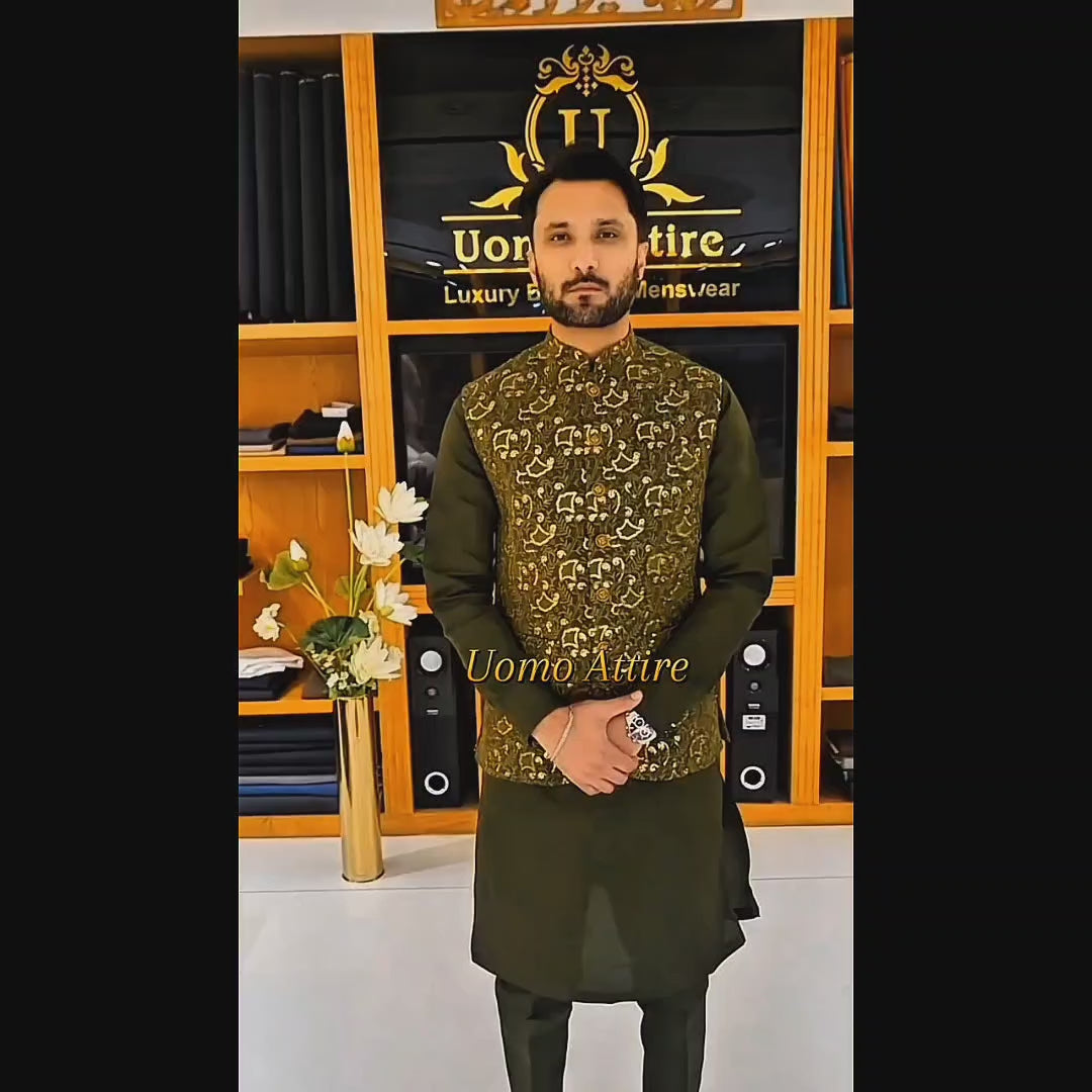 Men's Luxury Olive Green Embroidered Waistcoat Kurta Set