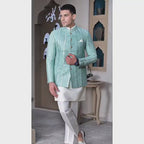 Luxury Embroidered Prince Coat for Groom with Brass Buttons Pairing with White Kurta Pajama