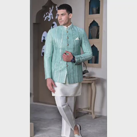 Luxury Embroidered Prince Coat for Groom with Brass Buttons Pairing with White Kurta Pajama