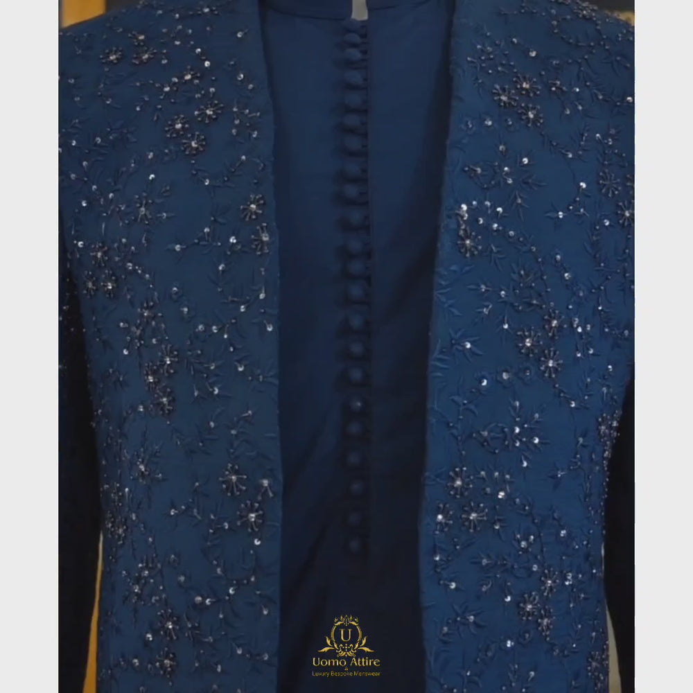 
                  
                    Load and play video in Gallery viewer, Midnight Blue Prince Coat with Kurta Pajama for Wedding &amp;amp; Groom Wear | Prince Coat
                  
                