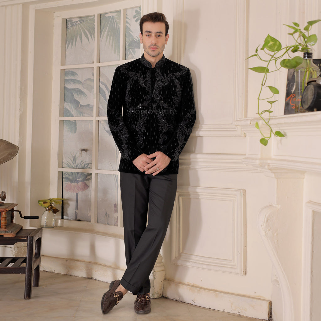 Opulent Black Velvet Embellishment and Jeweled Prince Two Piece Suit