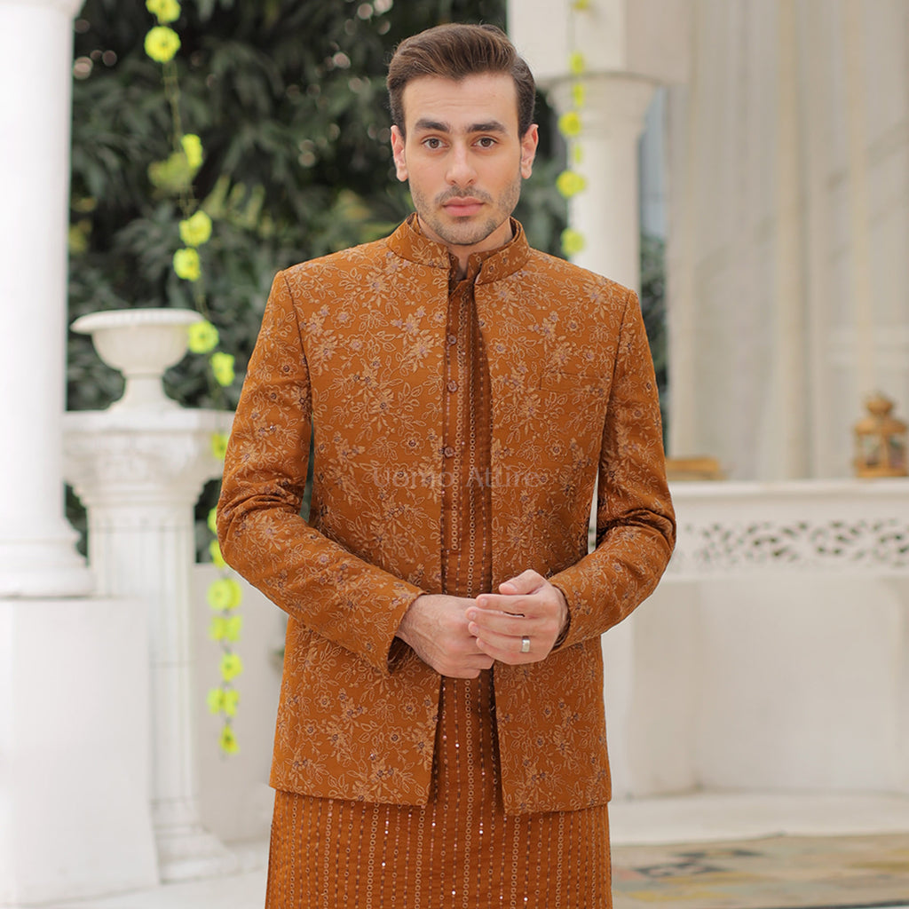 Handcrafted Floral Embroidered Open Front Prince Coat For Groom