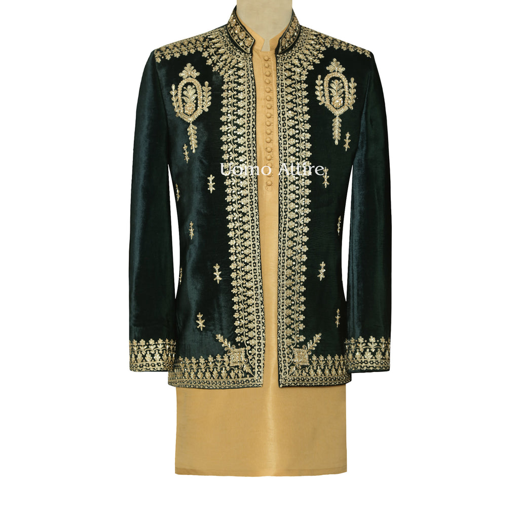 Luxury Green Velvet Prince Coat with Golden Embellishment For Men's