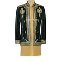 Luxury Green Velvet Prince Coat with Golden Embellishment For Men's