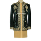 Luxury Green Velvet Prince Coat with Golden Embellishment For Men's