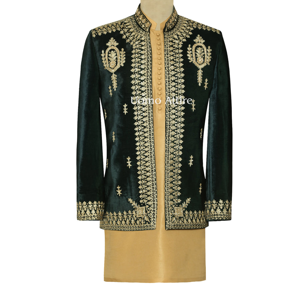 Luxury Green Velvet Prince Coat with Golden Embellishment For Men's