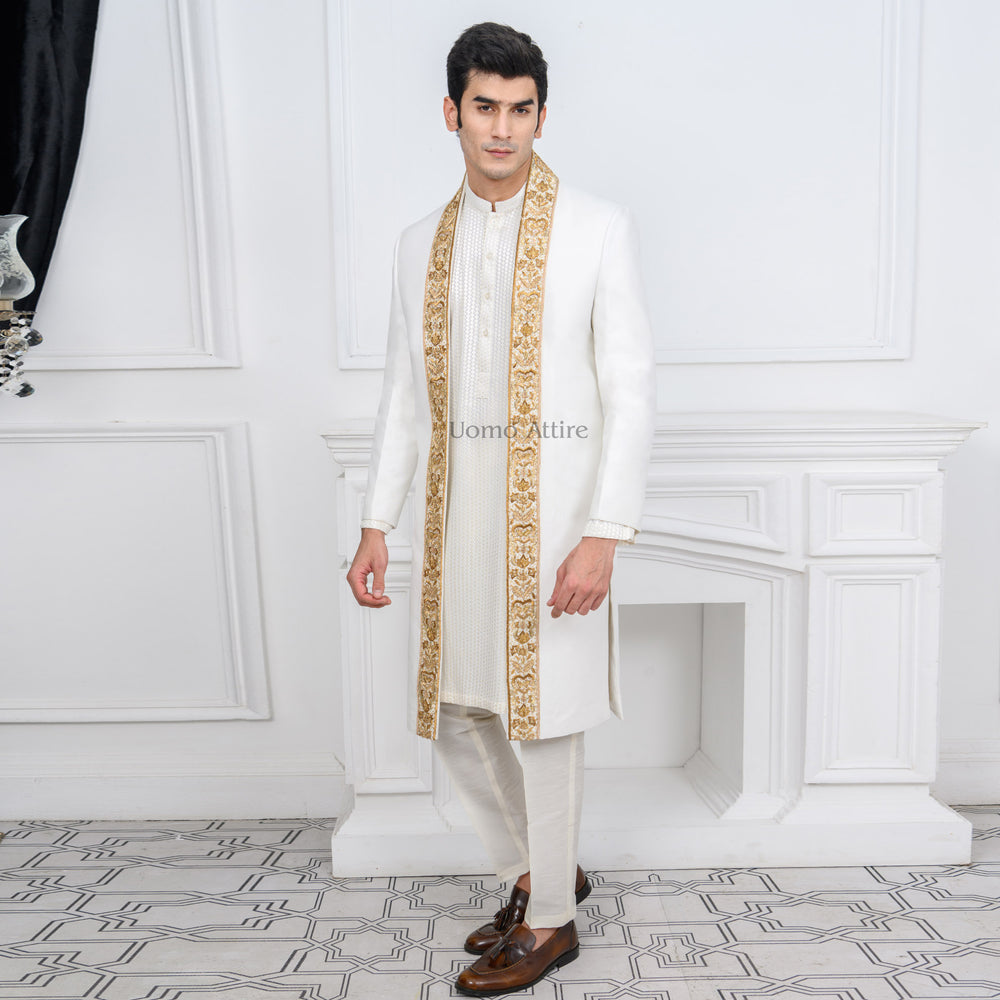 Luxury White Open-Front Sherwani with Embellished Borders Kurta