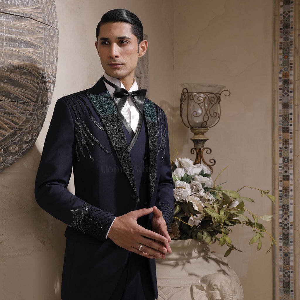 Luxurious Deep Navy Blue Italian Slim Fit Tuxedo with Embellished Shoulders and Cuffs for Groom