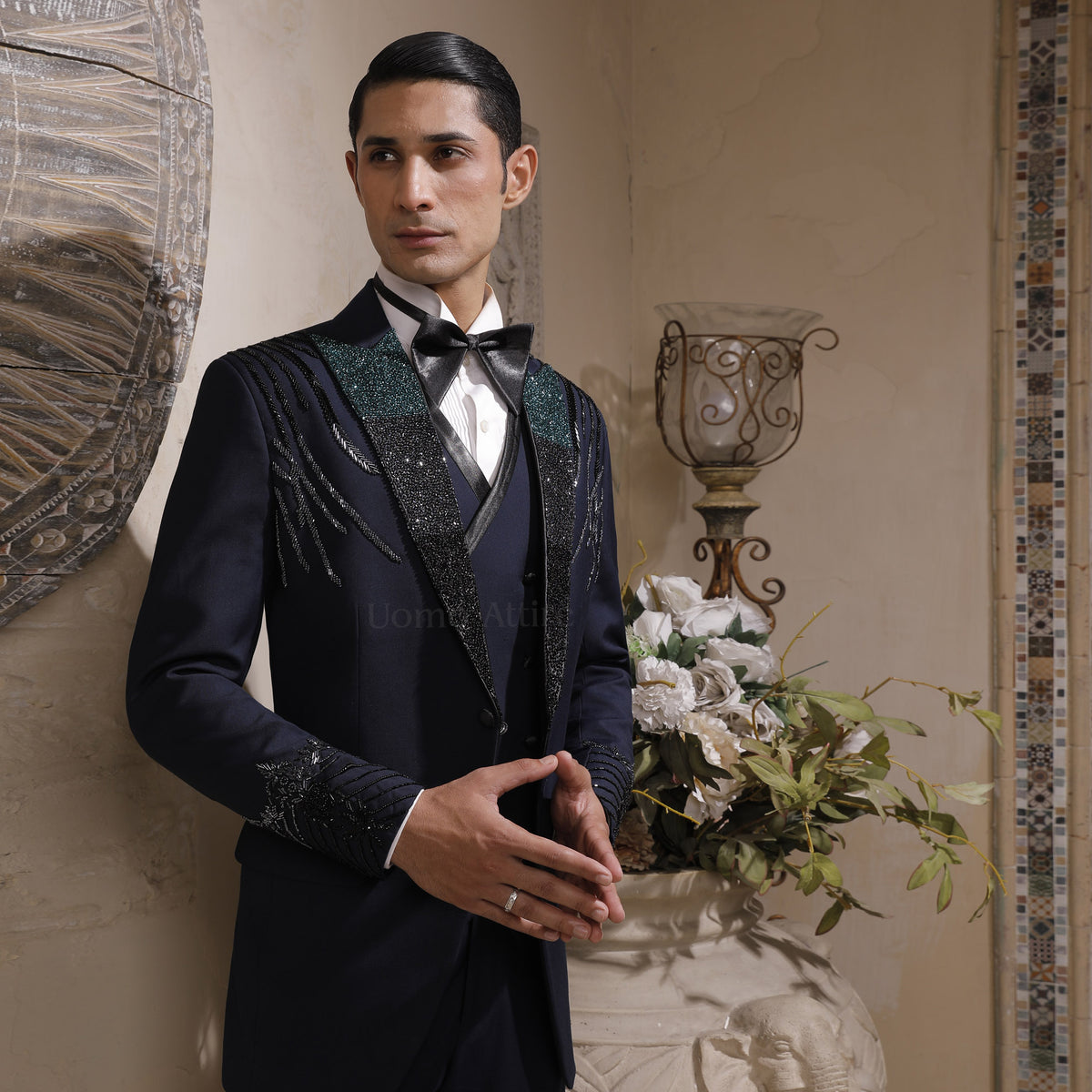Luxurious Deep Navy Blue Italian Slim Fit Tuxedo with Embellished Shoulders and Cuffs for Groom