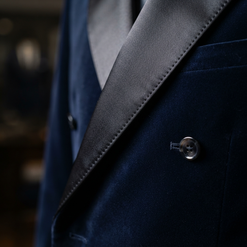 
                  
                    Custom mens Navy Velvet Tuxedo with Black Satin Lapel
                  
                