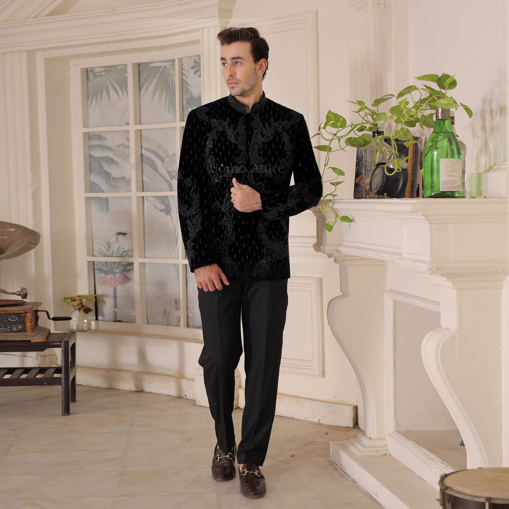 Opulent Black Velvet Embellishment and Jeweled Prince Two Piece Suit