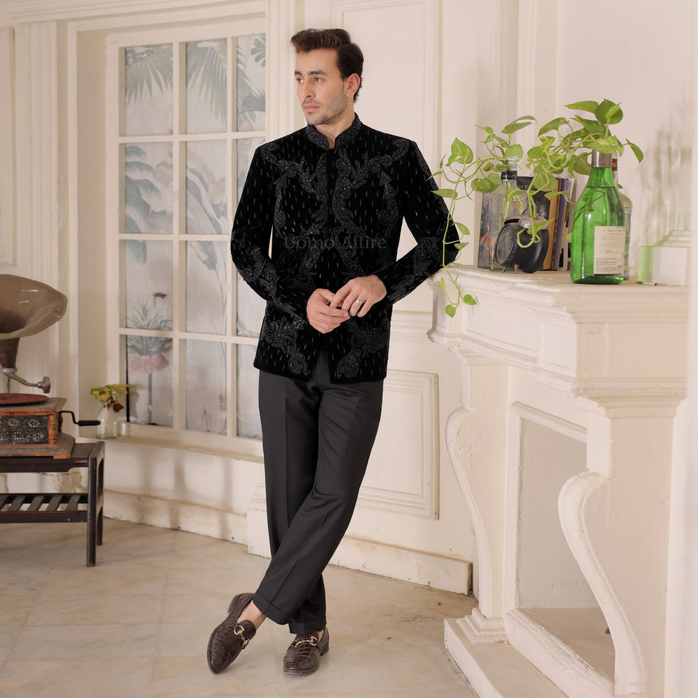 Opulent Black Velvet Embroidered and Jeweled Prince Two Piece Suit