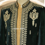 Luxury Green Velvet Prince Coat with Golden Embellishment For Men's
