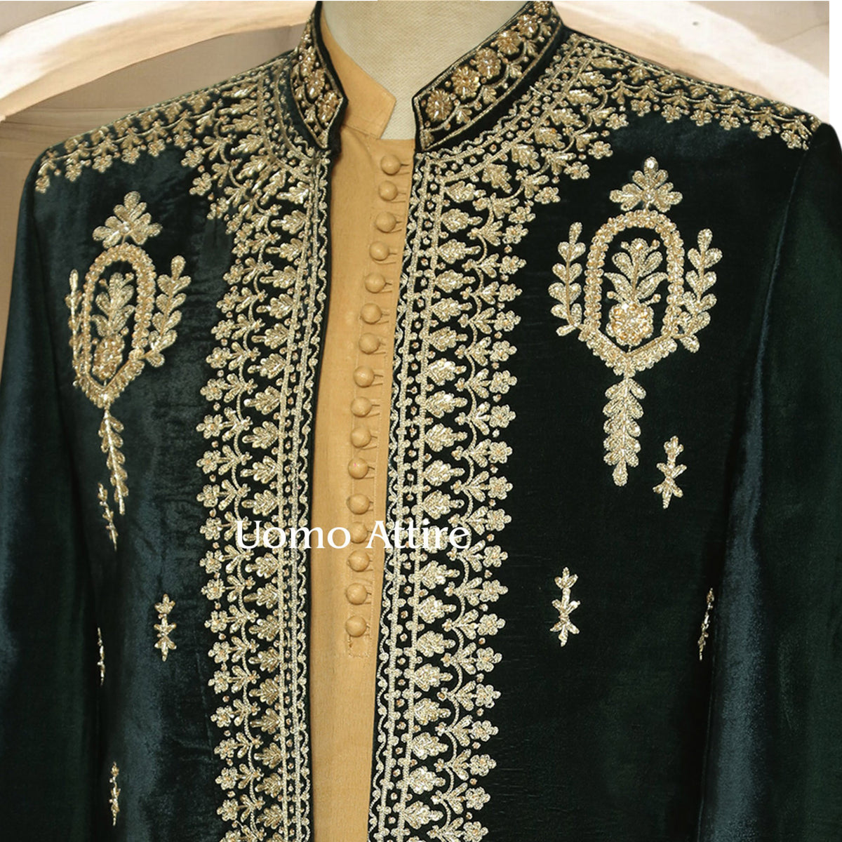Luxury Green Velvet Prince Coat with Golden Embellishment For Men's
