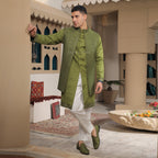 Luxurious Open Front Forest Green Fully Embroidered Short Sherwani for Groom