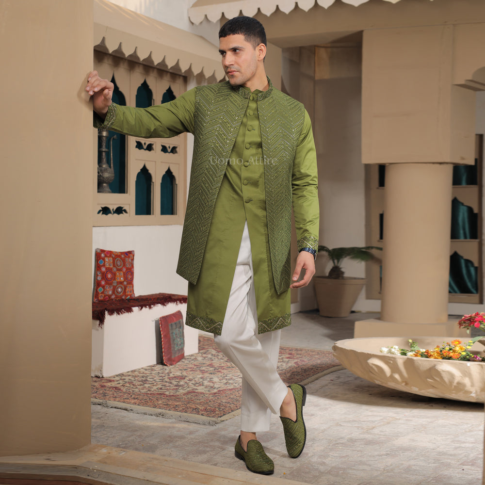 
                  
                    Luxurious Open Front Forest Green Fully Embroidered Short Sherwani for Groom
                  
                