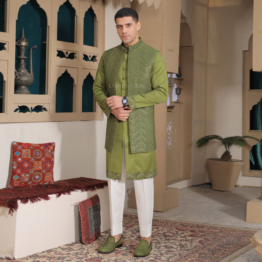 Luxurious Open Front Forest Green Fully Embroidered Short Sherwani for Groom