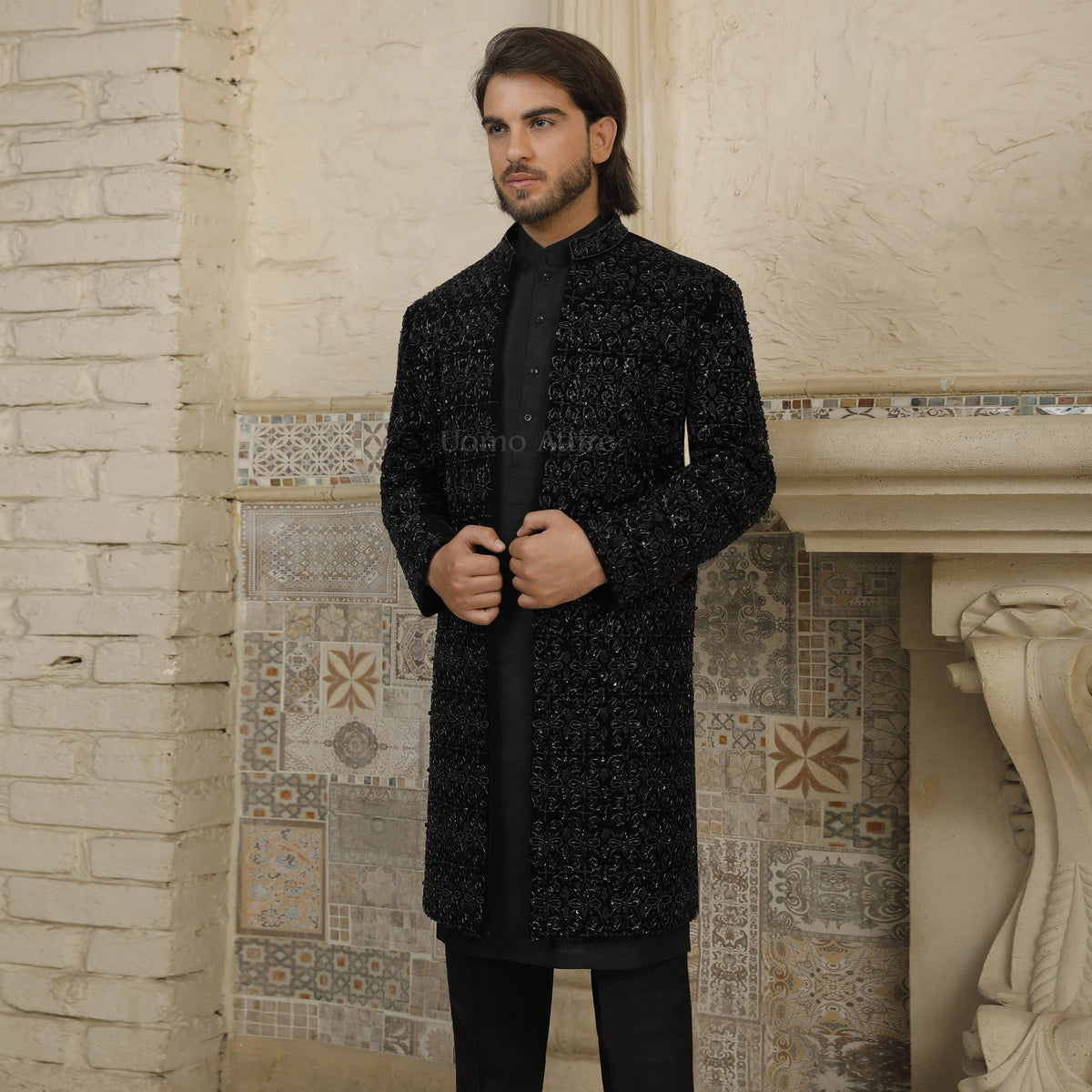 Jet Black Customized Open Front Fully Hand-Embellished Sherwani for Groom