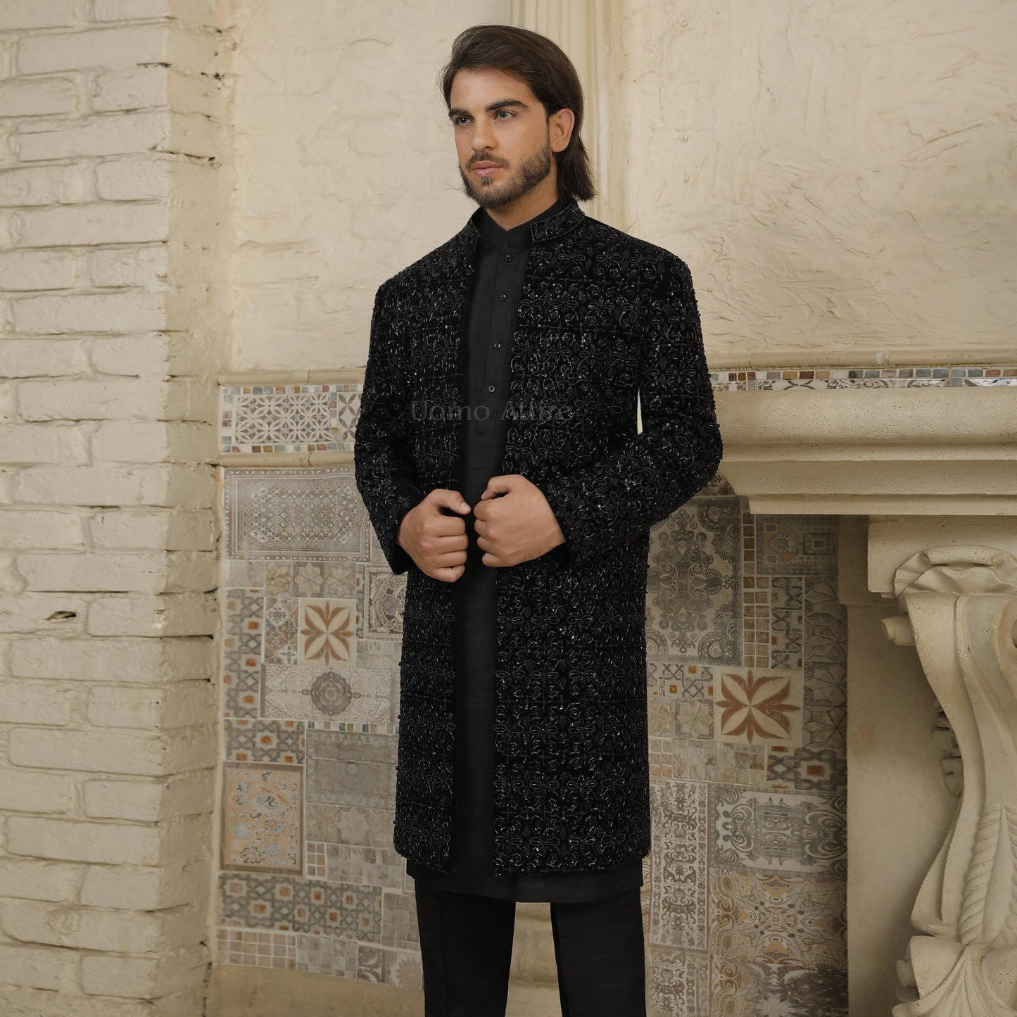 
                  
                    Jet Black Customized Open Front Fully Hand-Embellished Sherwani for Groom
                  
                