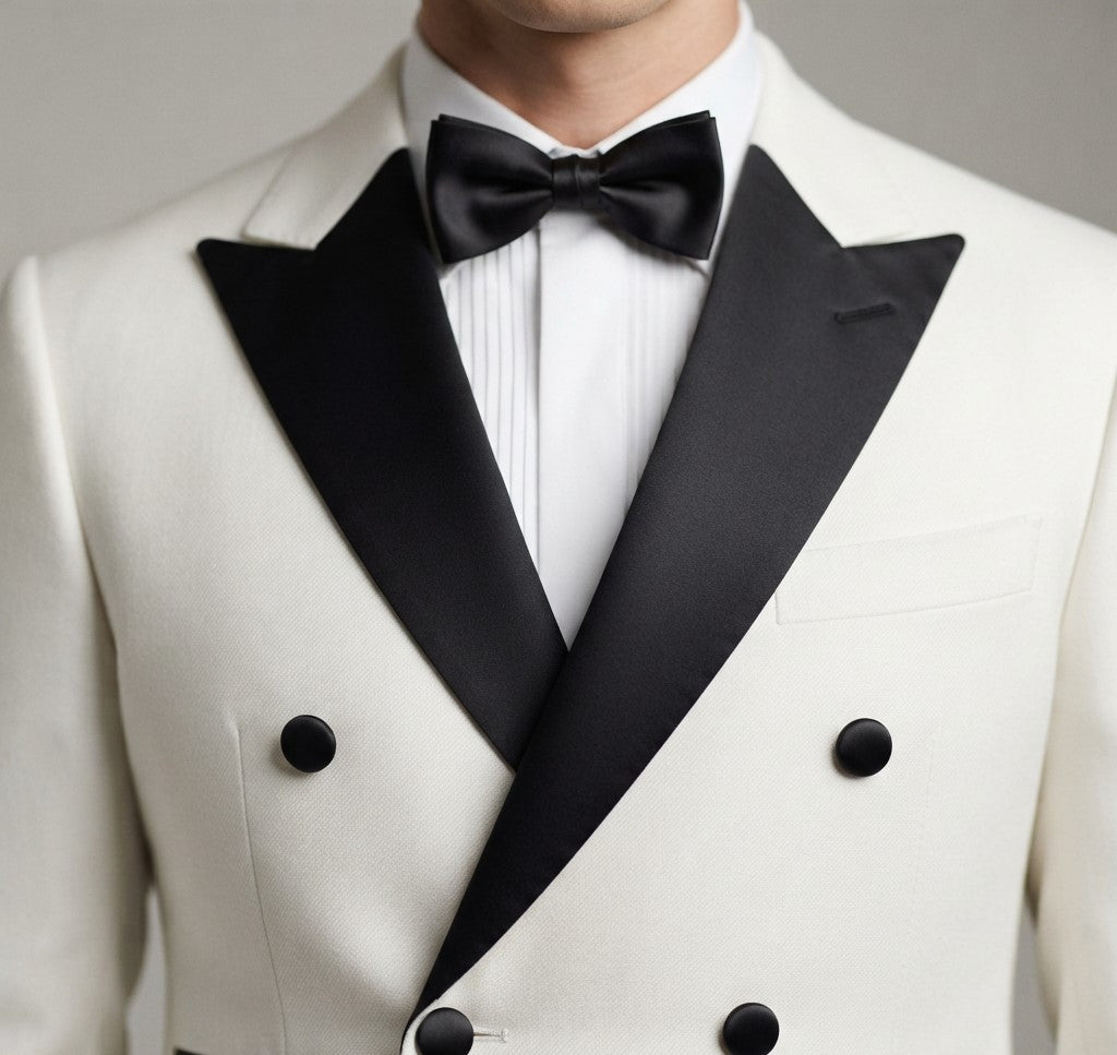 
                  
                    Men's White Double-Breasted Tuxedo with Black Satin Peak Lapels
                  
                