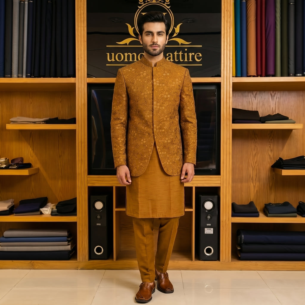 Men's Luxury Mustard Gold Embroidered Prince Coat with Matching Kurta Pajama