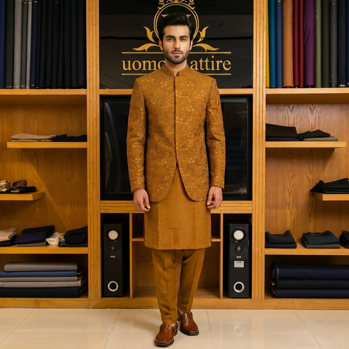 Men's Luxury Mustard Gold Embroidered Prince Coat with Matching Kurta Pajama