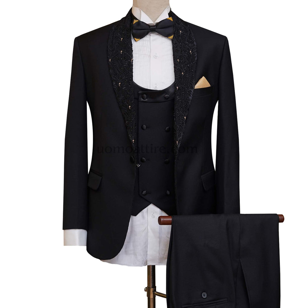 Men's black tuxedo 3 piece suit with embellished shawl and U-Shaped vest, black tuxedo suit, tuxedo suit