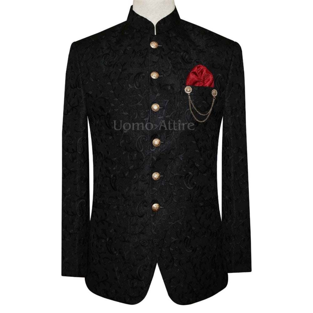Cappotto principe nero in tessuto completamente ricamato su misura