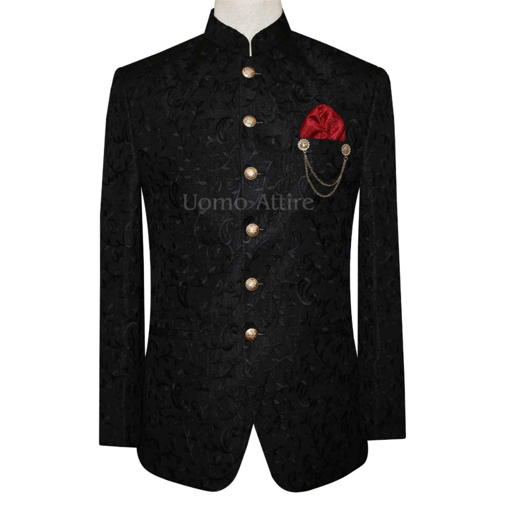 Manteau prince noir en tissu entièrement brodé sur mesure 