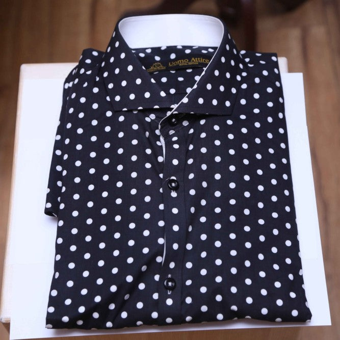 Black shirt with white bold dots