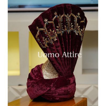 Customized maroon velvet turban with embellishments, Most luxurious maroon turban for wedding or groom