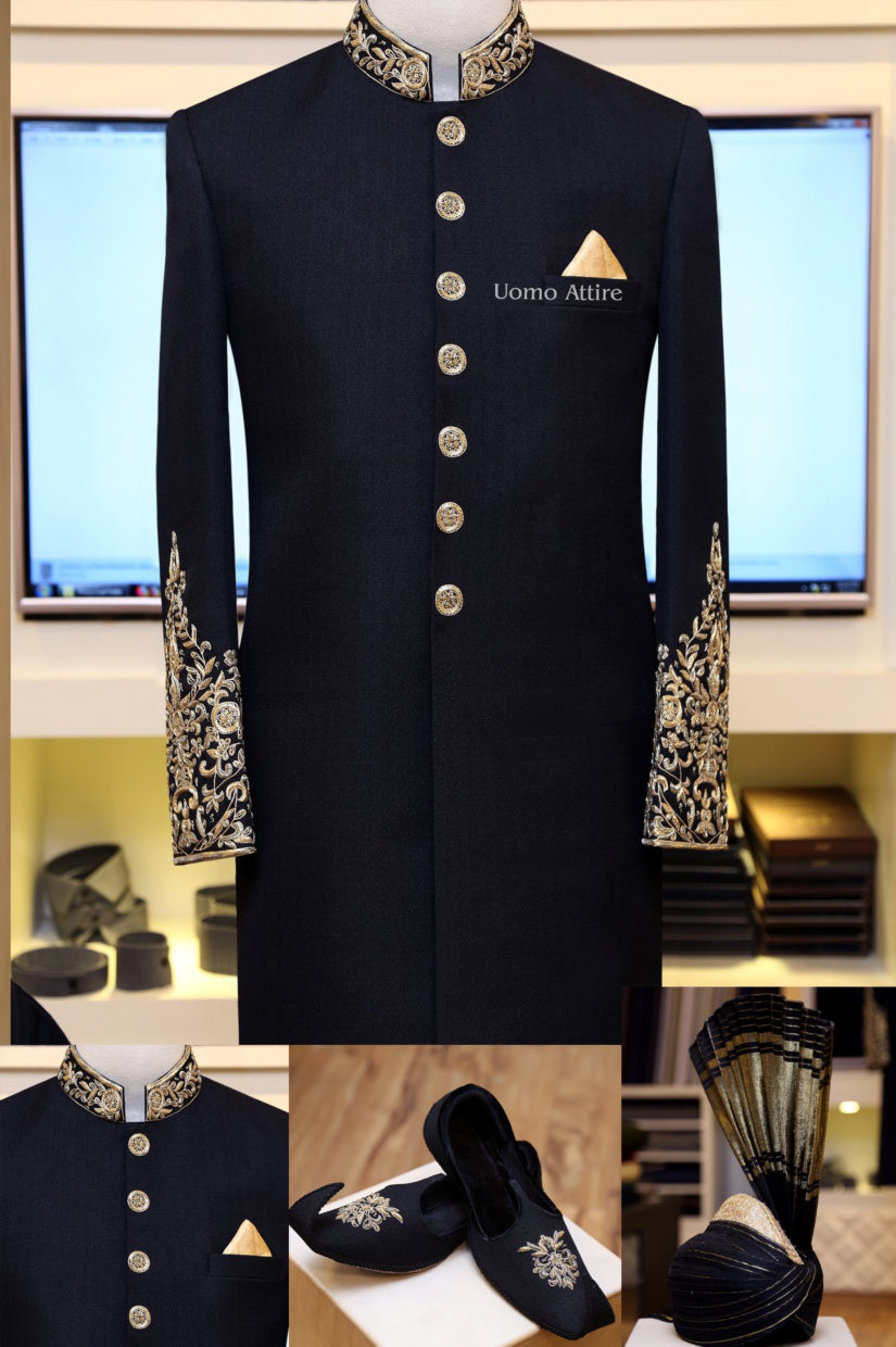 Couleur noire dernière conception sherwani package complet 