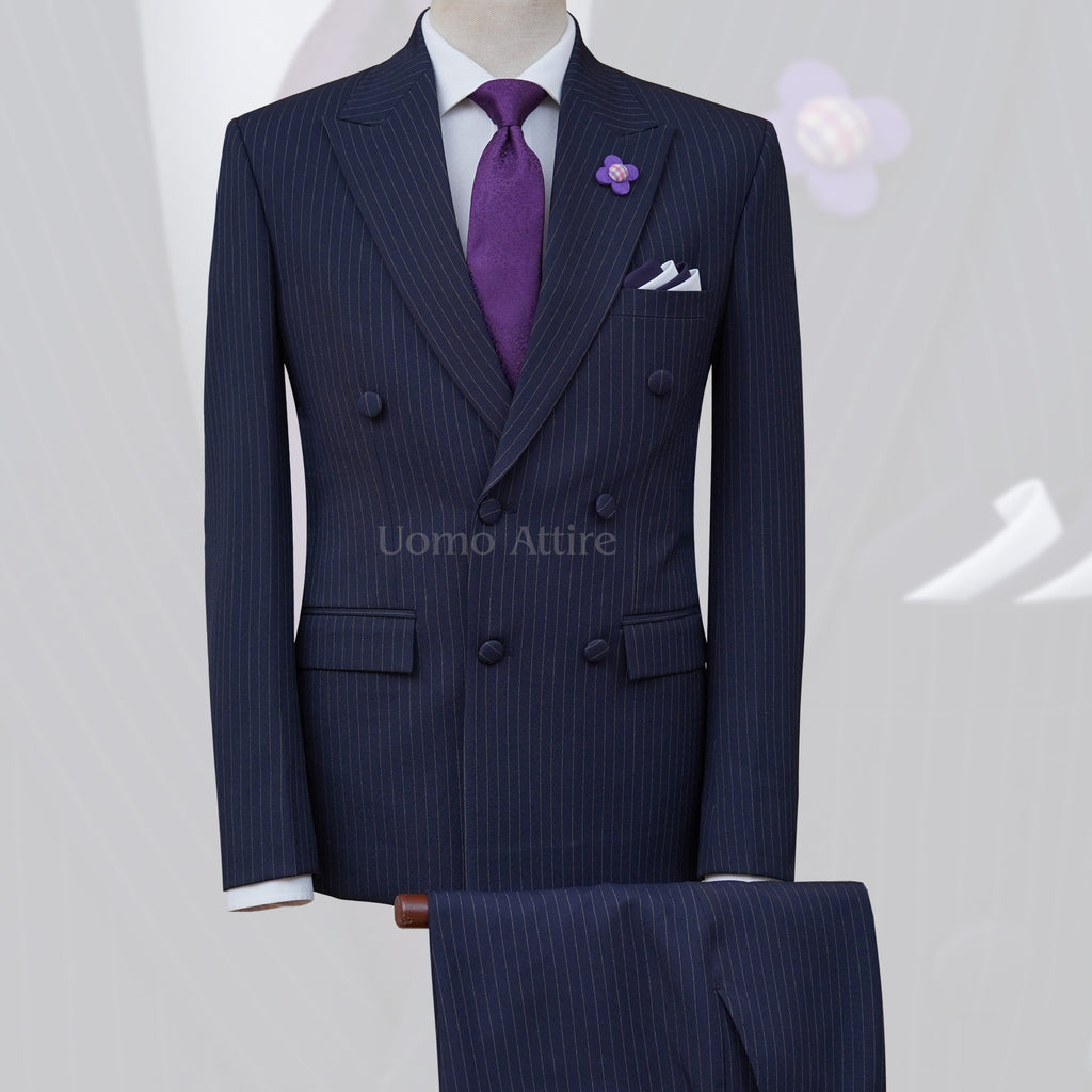 Custom tailored lining double breasted suit, stripe double breasted suit, blue double breasted suit
