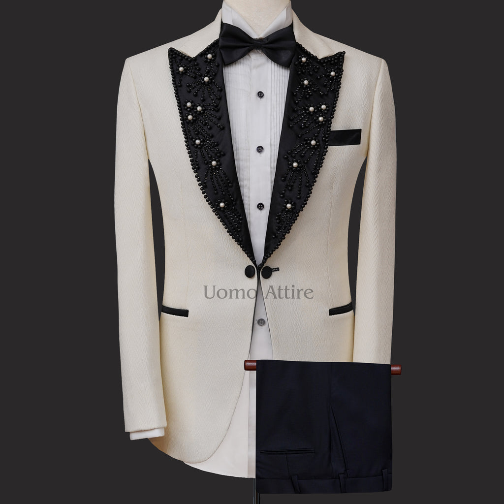 Peak Lapel White Designer Groom Tuxedo Suit | White Tuxedo Suit for Groom