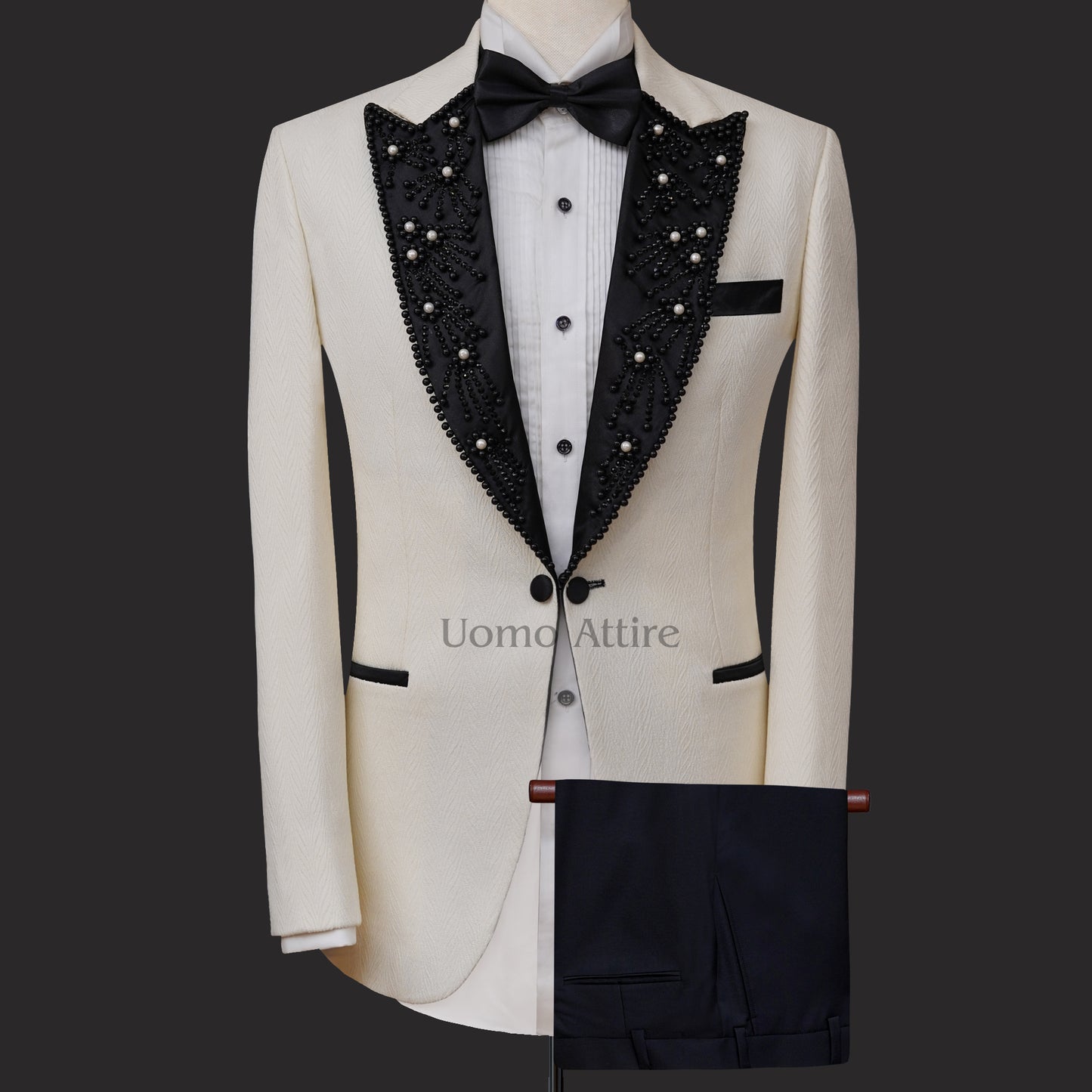 
                  
                    Custom tailored tuxedo 2 piece suit with embellished lapel, tuxedo suit, white tuxedo suit
                  
                