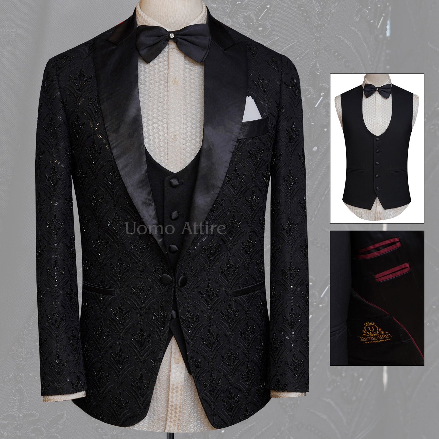Custom made fully embellished tuxedo 3 piece suit, black tuxedo suit, tuxedo suit